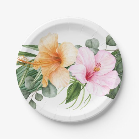 Sinaasappel en Roze Hibiscus Tropische aquarelBloe Papieren Bordje (Voorkant)