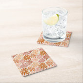 Sinaasappel en Roze Retro Bloemen Groovy Vierkante Kartonnen Onderzetter (Insitu)