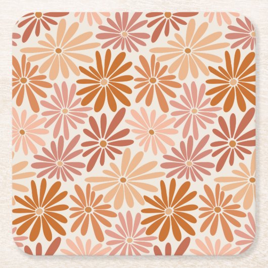 Sinaasappel en Roze Retro Bloemen Groovy Vierkante Kartonnen Onderzetter (Voorkant)