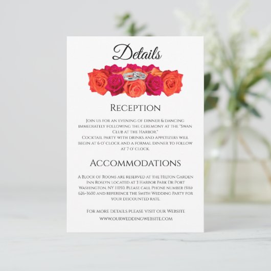 Sinaasappel en Roze Rozen- Bruiloft Informatiekaartje (Staand voorkant)