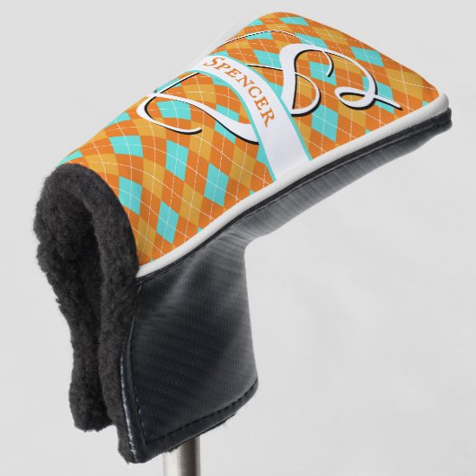 Sinaasappel en Turquoise Argyle Preppy Classy Golf Golfheadcover (3/4 voorkant)