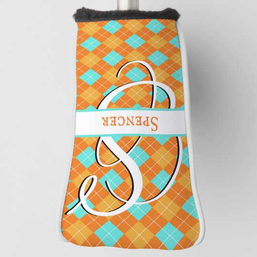 Sinaasappel en Turquoise Argyle Preppy Classy Golf Golfheadcover (Draai 90)