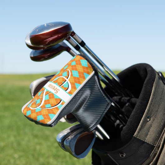 Sinaasappel en Turquoise Argyle Preppy Classy Golf Golfheadcover (Insitu)