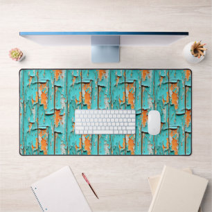 Sinaasappel en turquoise blauw verweerd hout bureaumat