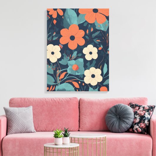 Sinaasappel en wit bloemmotief op marineblauwe rug canvas afdruk (Insitu (Woonkamer))