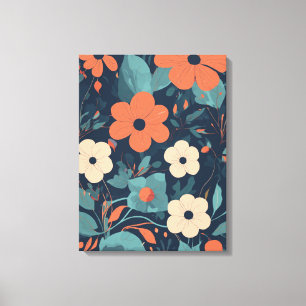 Sinaasappel en wit bloemmotief op marineblauwe rug canvas afdruk