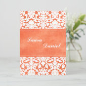 Sinaasappel en wit Damask bruiloft uitnodigen Kaart (Staand voorkant)