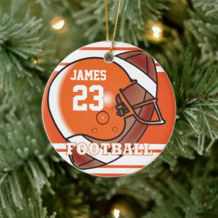 Sinaasappel en wit Football DIY-naam en -nummer Keramisch Ornament