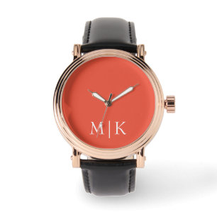 Sinaasappel en wit Modern monogram Horloge
