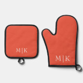 Sinaasappel en wit | Modern monogram Ovenwant & Pannenlap Set (Voorkant)