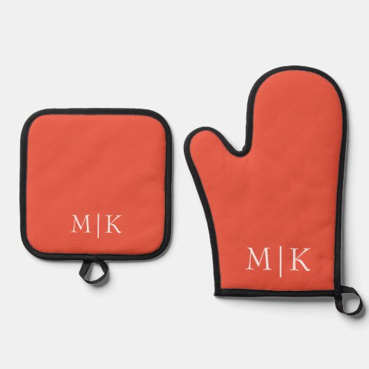 Sinaasappel en wit | Modern monogram Ovenwant & Pannenlap Set (Voorkant)