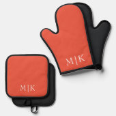 Sinaasappel en wit | Modern monogram Ovenwant & Pannenlap Set (Voorkant / Achterkant)