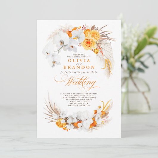 Sinaasappel en witte orchideeën bloemen boho bruil kaart (Staand voorkant)