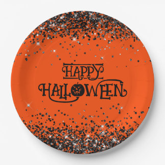 Sinaasappel en Zwart Glitter Happy Halloween Papieren Bordje