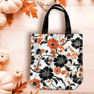 Sinaasappel en zwart op witte Herfst Bloemen Draagtas