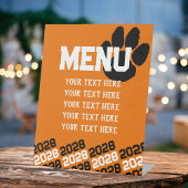 Sinaasappel en Zwart Pawprint Afstuderen Menu Part Reclamebord Met Voetstuk