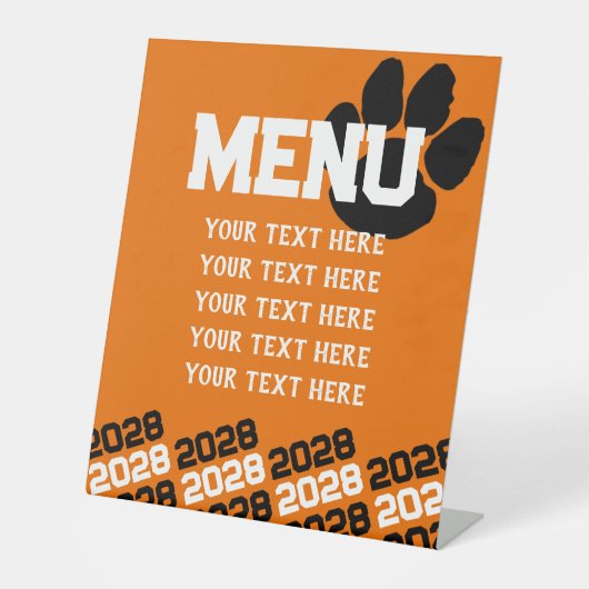 Sinaasappel en Zwart Pawprint Afstuderen Menu Part Reclamebord Met Voetstuk (Voorkant)