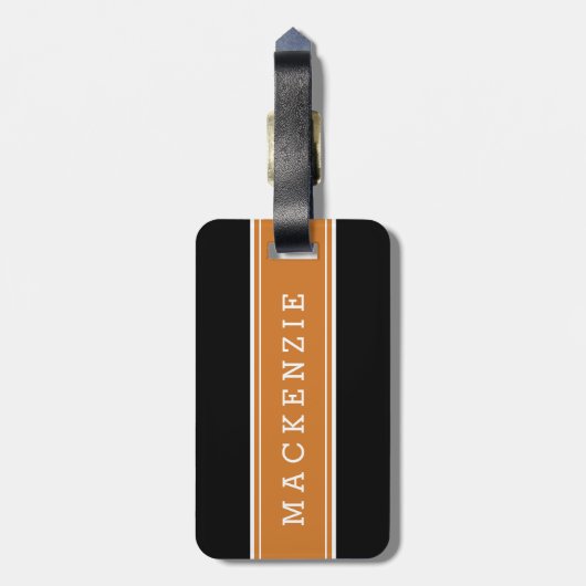 Sinaasappel en Zwart Rugby Stripe Custom Monogram Bagagelabel (Achterkant verticaal)