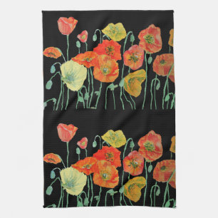 Sinaasappel- en zwarte papaver Waterverf Theedoek