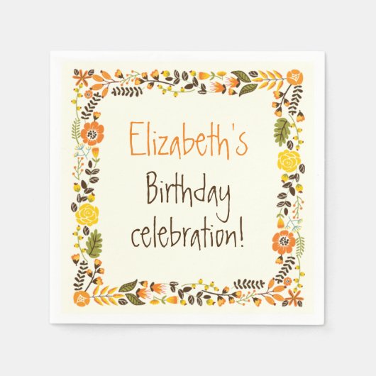 sinaasappel geel bloemgrens verjaardagsfeestje servet (Voorkant)