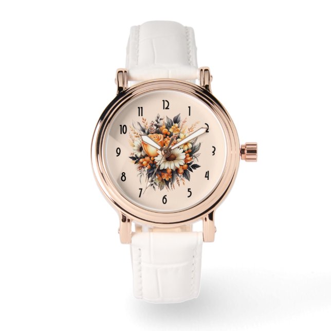 Sinaasappel Geel Grijs Bloemboeket Horloge (Voorkant)