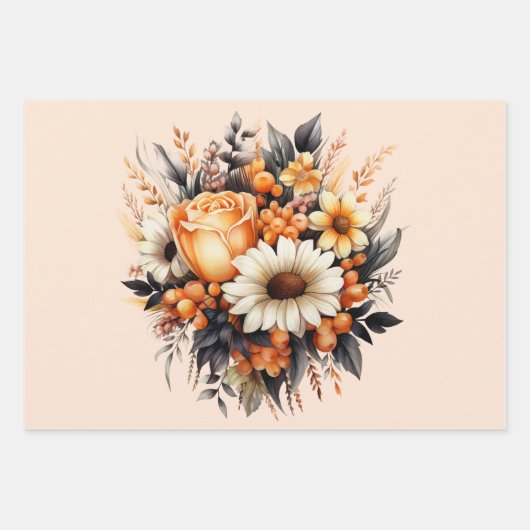 Sinaasappel Geel Grijs Bloemboeket Inpakpapier Vel (Voorkant 3)