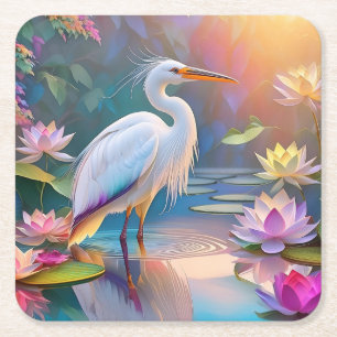 Sinaasappel Gekochte Witte Heron Fantasy Vogel Vierkante Kartonnen Onderzetter