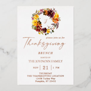 Sinaasappel & Gele Bloemige Thanksgiving Krans Folie Uitnodiging