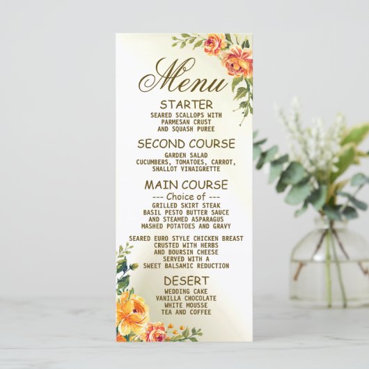 Sinaasappel Gele Rode Floral Greenery Menu (Staand voorkant)