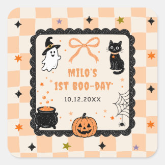 Sinaasappel Gingham Halloween Verjaardagsfeest Vierkante Sticker