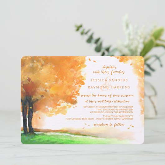 Sinaasappel & gouden herfstbomen Waterverf bruilof Kaart (Staand voorkant)