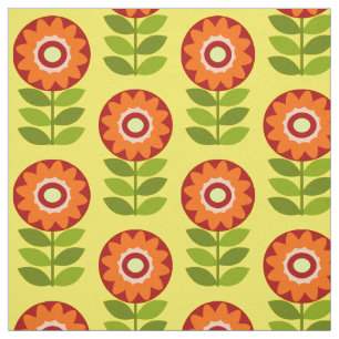 Sinaasappel, groen en geel retro bloempatroon stof