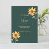 Sinaasappel groen goud zonnebloem bloemen bruiloft kaart (Staand voorkant)