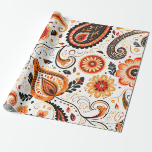  Sinaasappel Groene Mix Bloemen Paisley Patroon Cadeaupapier