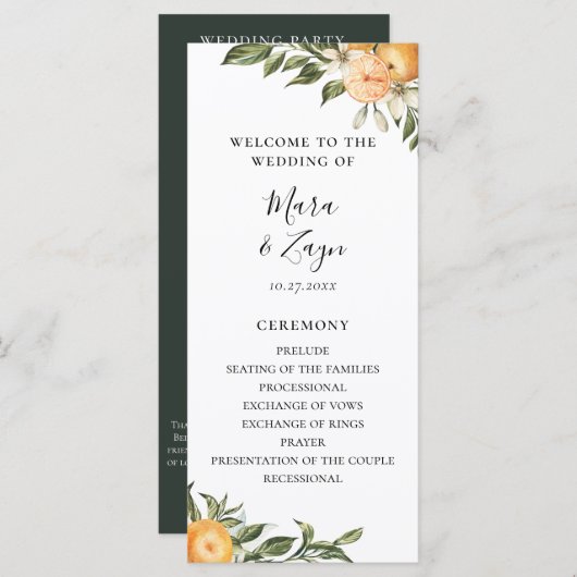 Sinaasappel Grove Citrus Botanische bruiloft Programma (Voorkant / Achterkant)