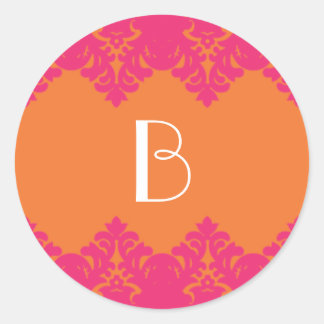 Sinaasappel & Heet Roze Damast Monogram Sticker