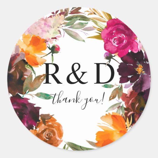 Sinaasappel, Heet Roze, & Paarse Herfst Bloemen Mo Ronde Sticker (Voorkant)