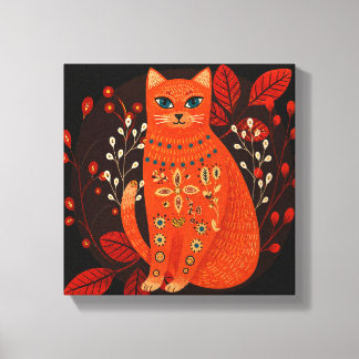 Sinaasappel Kat Folk Art Canvas Print Boho Scandin