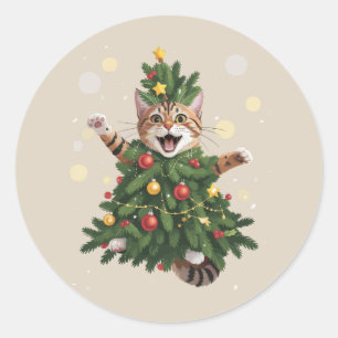 Sinaasappel Kat Kerstboom Knuffel Kerstmis  Ronde Sticker