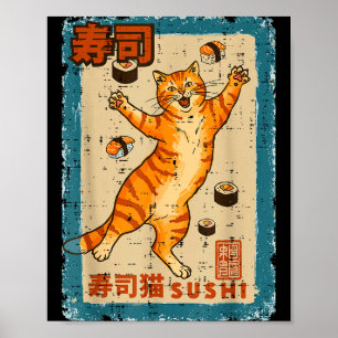 Sinaasappel Kat Springen Met Sushi Japans Eten Man Poster