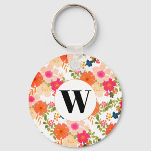 Sinaasappel Monogram Floral Waterverf Sleutelhanger