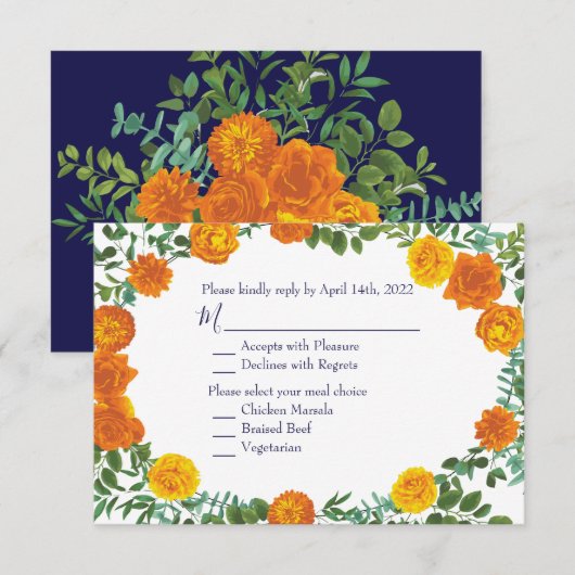 Sinaasappel & Navy Blue Peony Roos Uitnodiging Bea (Voorkant / Achterkant)