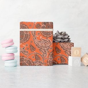 Sinaasappel paisley damast bloemmotief etnisch cadeaupapier