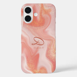 Sinaasappel Perzik Goud Glitter Marmer iPhone 16 Hoesje