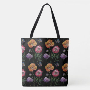 Sinaasappel Poppy Black Floral Waterverf Canvas ta Draagtas