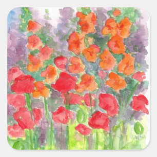 Sinaasappel Poppy Gladiola Waterverf Garden Vierkante Sticker