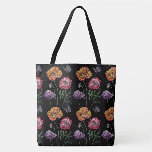 Sinaasappel Poppy Zwart Bloemen Waterverf Canvas t Draagtas (Voorkant)