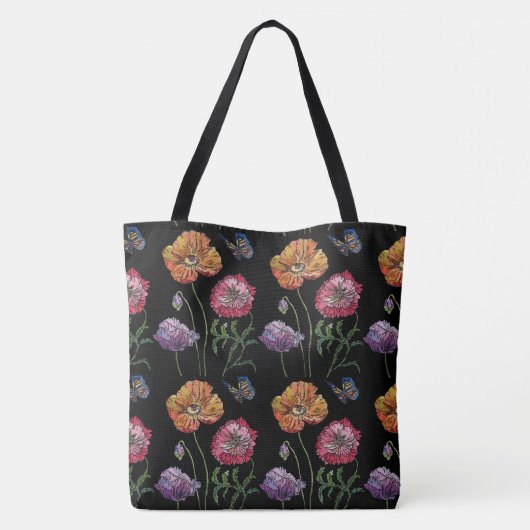 Sinaasappel Poppy Zwart Bloemen Waterverf Canvas t Draagtas (Achterkant)