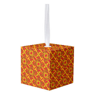 Sinaasappel & Rode Hand getrokken Patroon Kubus Ornament