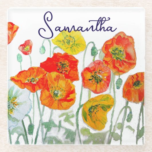 Sinaasappel Rode Klaproos Bloem Patroon Dank U Glazen Onderzetter (Voorkant)